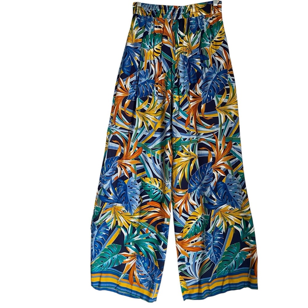 Tropical Multicolor Wide Leg Palazzo Pants Women L Belted Boho Beachy Summer - Picture 2 of 7